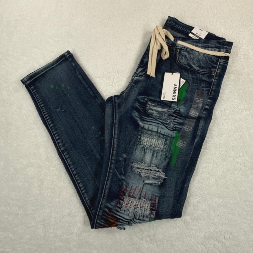 Rue21 Premium Men Skinny Distressed Paint Splatter Patchwork Jeans 32x34